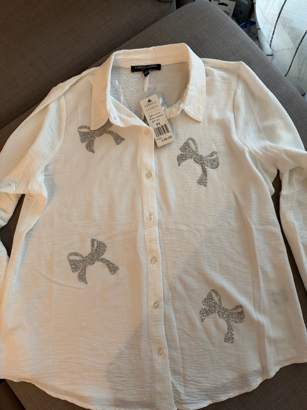 Sabrina Lauren White Button-Down Shirt with Silver Bow Embellishments